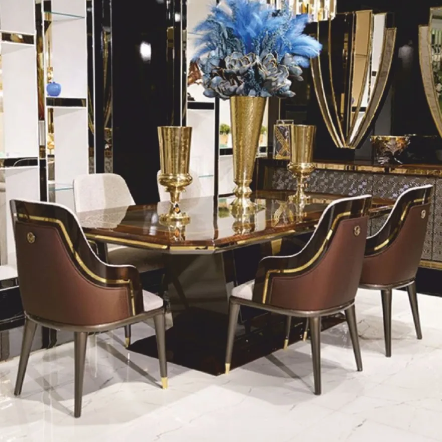 Casa Padrino Luxus Esszimmer Stuhl 6er Set mit Armlehnen Grau / Braun / Gold