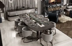 Casa Padrino Luxus Esszimmer Set Grau / Bronze - 1 Luxus Esstisch & 8 Luxus Esszimmer Stühle mit Armlehnen - Esszimmer Möbel - Luxus Möbel - Luxus Einrichtung