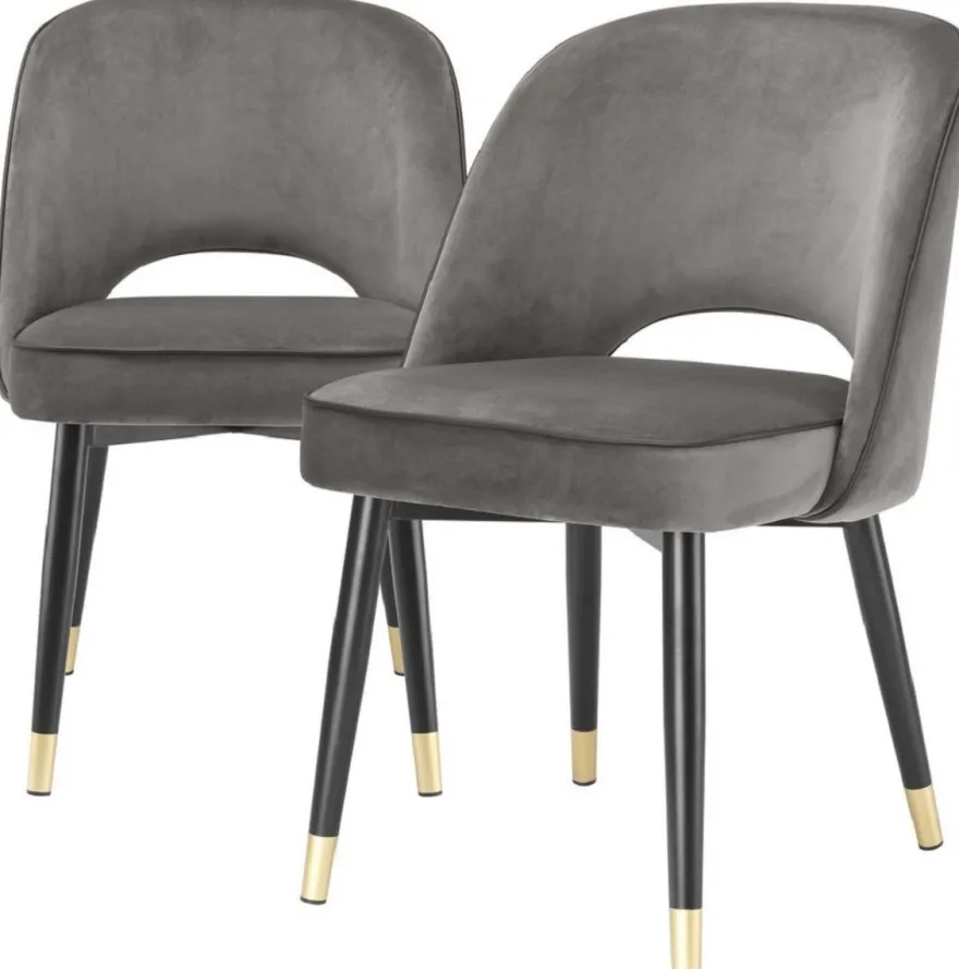 Casa Padrino Luxus Esszimmerstuhl Set Grau / Schwarz / Messing 53 x 56 x H. 84 cm - Esszimmerstühle mit edlem Samtstoff - Esszimmer Möbel