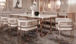 Casa Padrino Luxus Esszimmer Stuhl Set mit Armlehnen Grau / Kupfer 58 x 51 x H. 76 cm - Küchen Stühle 8er Set - Esszimmer Möbel - Restaurant Möbel - Luxus Möbel - Luxus Einrichtung