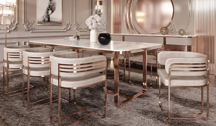 Casa Padrino Luxus Esszimmer Stuhl Set mit Armlehnen Grau / Kupfer 58 x 51 x H. 76 cm - Küchen Stühle 8er Set - Esszimmer Möbel - Restaurant Möbel - Luxus Möbel - Luxus Einrichtung