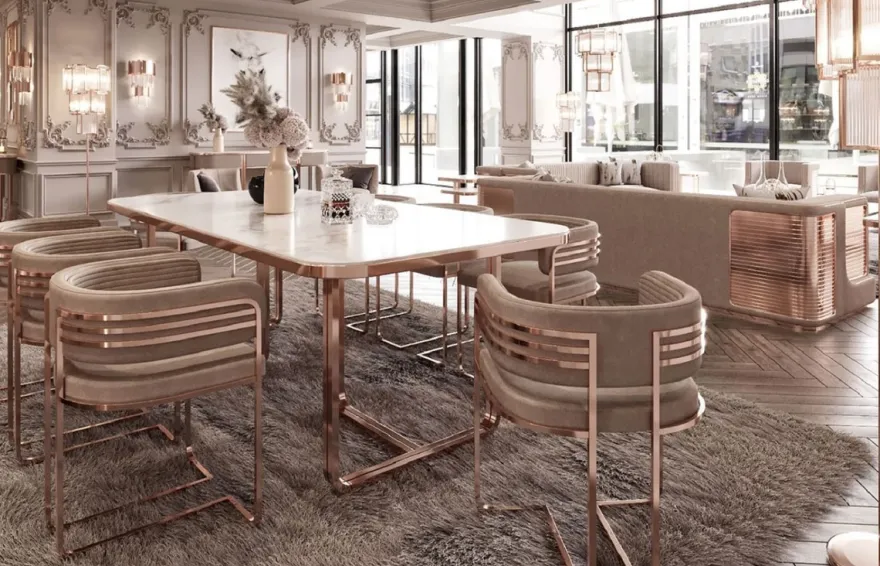 Casa Padrino Luxus Esszimmer Stuhl Set mit Armlehnen Grau / Kupfer 58 x 51 x H. 76 cm - Küchen Stühle 8er Set - Esszimmer Möbel - Restaurant Möbel - Luxus Möbel - Luxus Einrichtung
