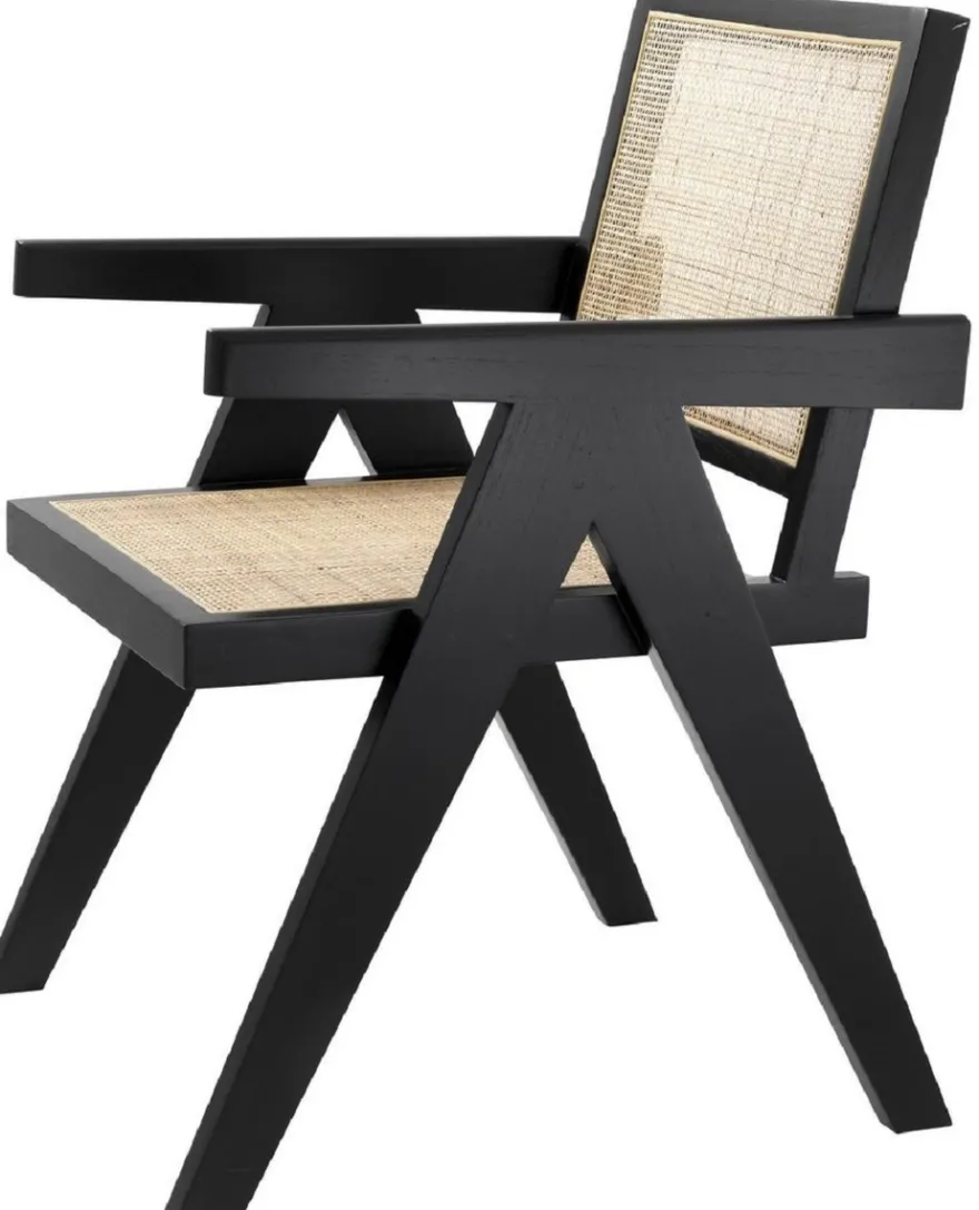 Casa Padrino Luxus Esszimmerstuhl Schwarz / Naturfarben 57 x 65,5 x H. 90 cm - Massivholz Stuhl mit Armlehnen und handgewebtem Rattangeflecht - Luxus Esszimmer Möbel