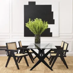 Casa Padrino Luxus Esszimmerstuhl Schwarz / Naturfarben 57 x 65,5 x H. 90 cm - Massivholz Stuhl mit Armlehnen und handgewebtem Rattangeflecht - Luxus Esszimmer Möbel