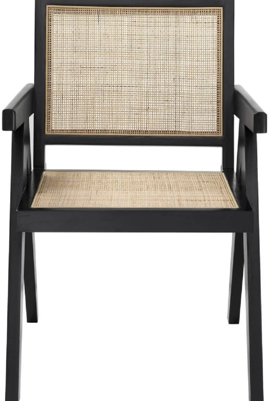 Casa Padrino Luxus Esszimmerstuhl Schwarz / Naturfarben 57 x 65,5 x H. 90 cm - Massivholz Stuhl mit Armlehnen und handgewebtem Rattangeflecht - Luxus Esszimmer Möbel