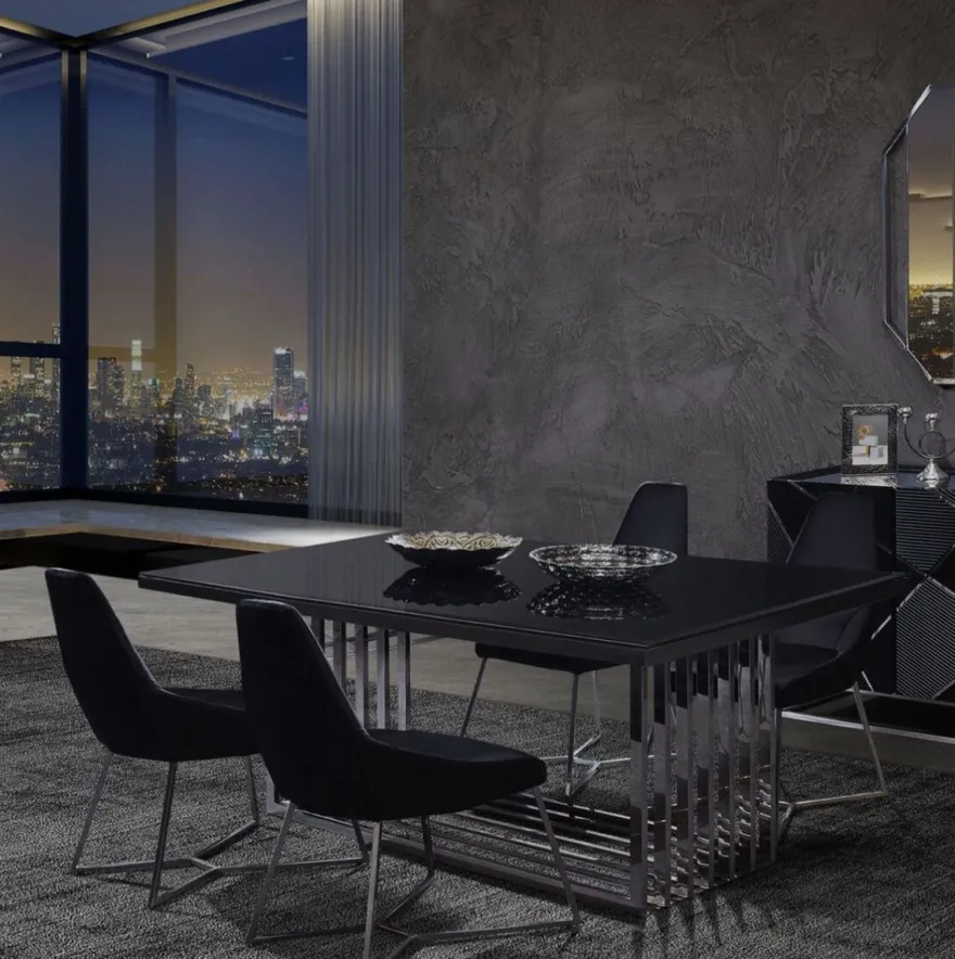 Casa Padrino Luxus Esszimmer Möbel Set Silber / Schwarz - 1 Esstisch & 6 Esszimmerstühle - Esszimmer Möbel - Luxus Qualität