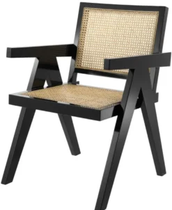 Casa Padrino Luxus Esszimmerstuhl mit Armlehnen Schwarz / Naturfarben 58 x 66 x H. 88 cm - Luxus Kollektion