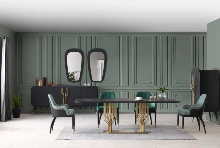 Casa Padrino Luxus Esszimmerstuhl 6er Set mit Armlehnen Grün / Schwarz / Messing 55 x 59 x H. 88 cm - Esszimmer Möbel - Restaurant Möbel - Esszimmer Einrichtung - Luxus Möbel - Luxus Einrichtung