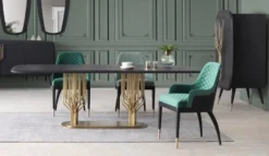 Casa Padrino Luxus Esszimmerstuhl 6er Set mit Armlehnen Grün / Schwarz / Messing 55 x 59 x H. 88 cm - Esszimmer Möbel - Restaurant Möbel - Esszimmer Einrichtung - Luxus Möbel - Luxus Einrichtung