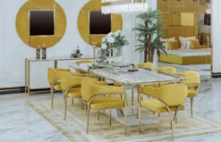 Casa Padrino Luxus Esszimmer Stuhl Set mit Armlehnen Gelb / Gold 60 x 59,8 x H. 80 cm - Küchen Stühle 8er Set - Esszimmer Möbel - Restaurant Möbel - Luxus Möbel - Luxus Einrichtung