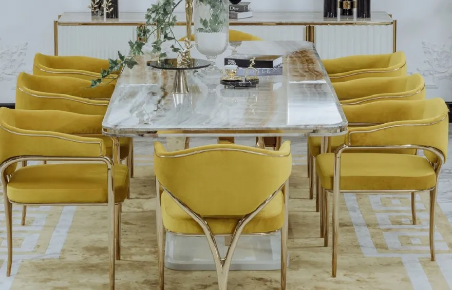 Casa Padrino Luxus Esszimmer Stuhl Set mit Armlehnen Gelb / Gold 60 x 59,8 x H. 80 cm - Küchen Stühle 8er Set - Esszimmer Möbel - Restaurant Möbel - Luxus Möbel - Luxus Einrichtung