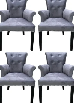 Casa Padrino Luxus Esszimmerstuhl 4er Set Grau / Schwarz - Massivholz Küchenstühle mit Armlehnen und edlem Samtstoff - Luxus Esszimmer & Restaurant Möbel
