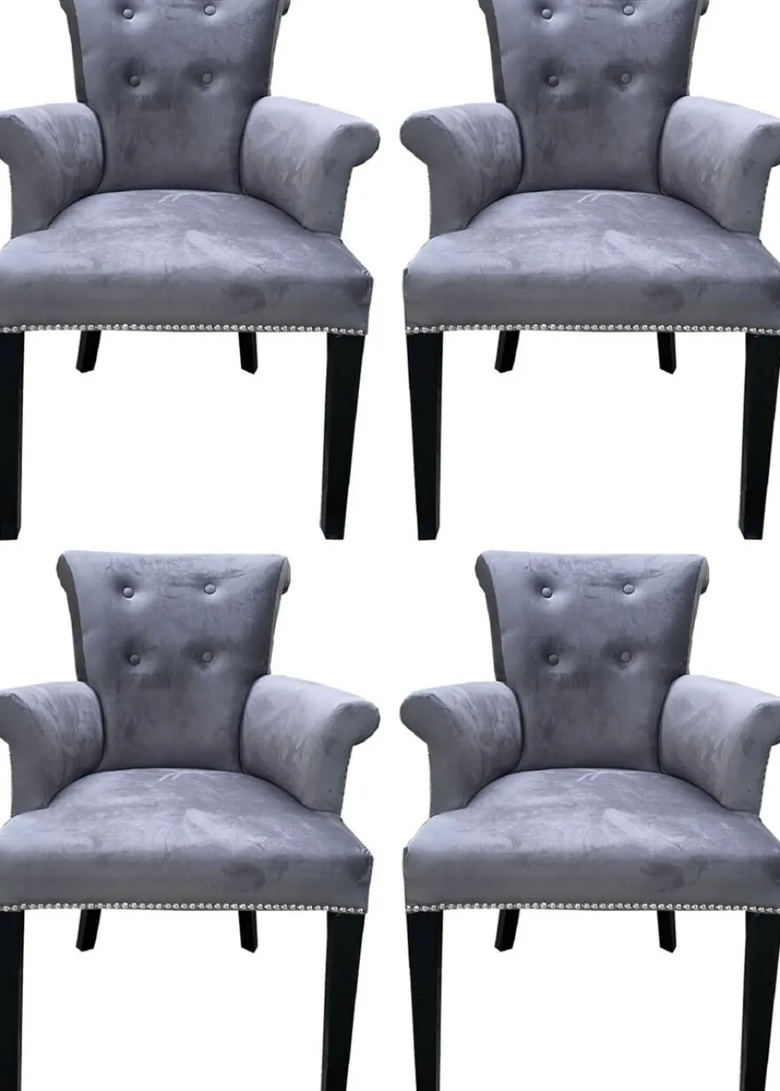 Casa Padrino Luxus Esszimmerstuhl 4er Set Grau / Schwarz - Massivholz Küchenstühle mit Armlehnen und edlem Samtstoff - Luxus Esszimmer & Restaurant Möbel