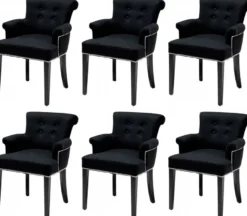 Casa Padrino Luxus Esszimmerstuhl 6er Set Schwarz - Massivholz Küchenstühle mit Armlehnen und edlem Samtstoff - Luxus Esszimmer & Restaurant Möbel