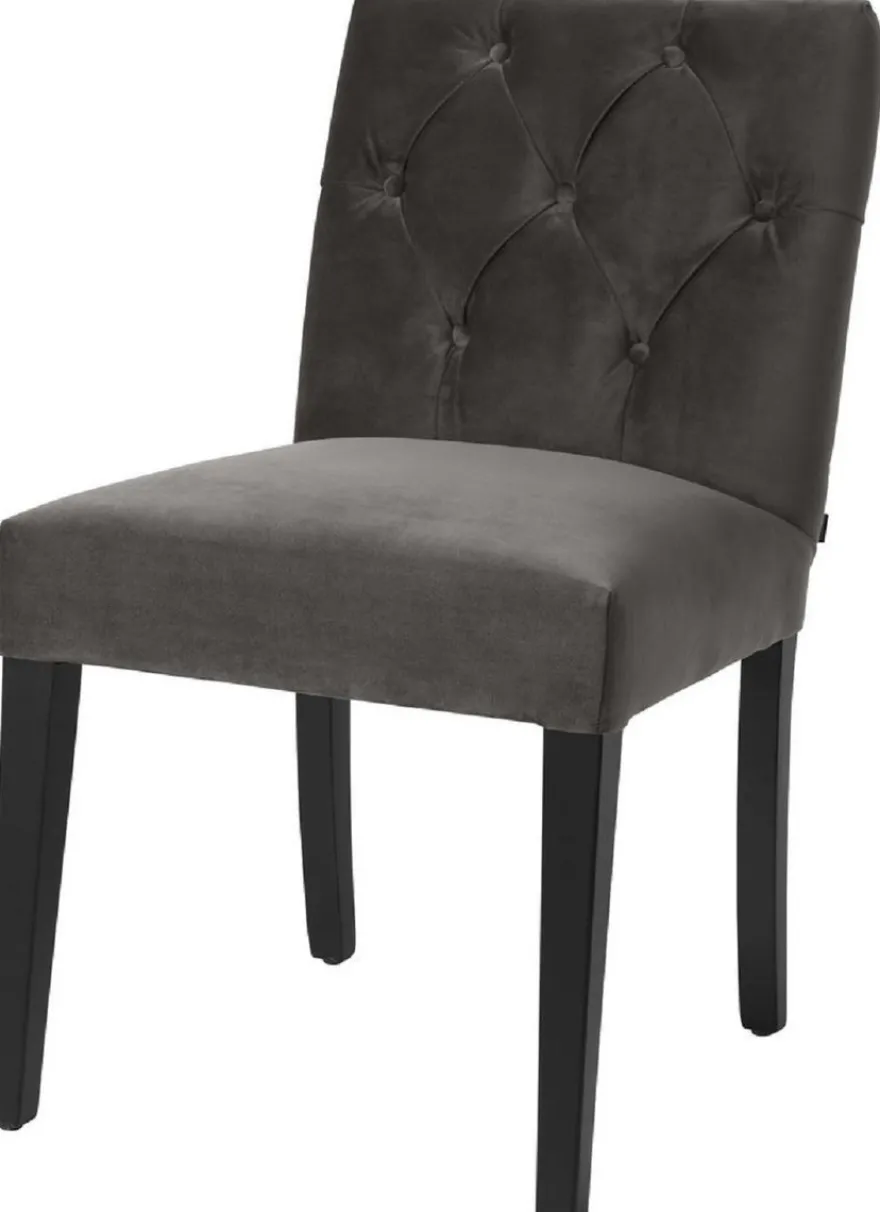 Casa Padrino Luxus Esszimmerstuhl Grau / Schwarz 51 x 64 x H. 90 cm - Chesterfield Küchenstuhl mit edlem Samtstoff - Luxus Esszimmer Möbel