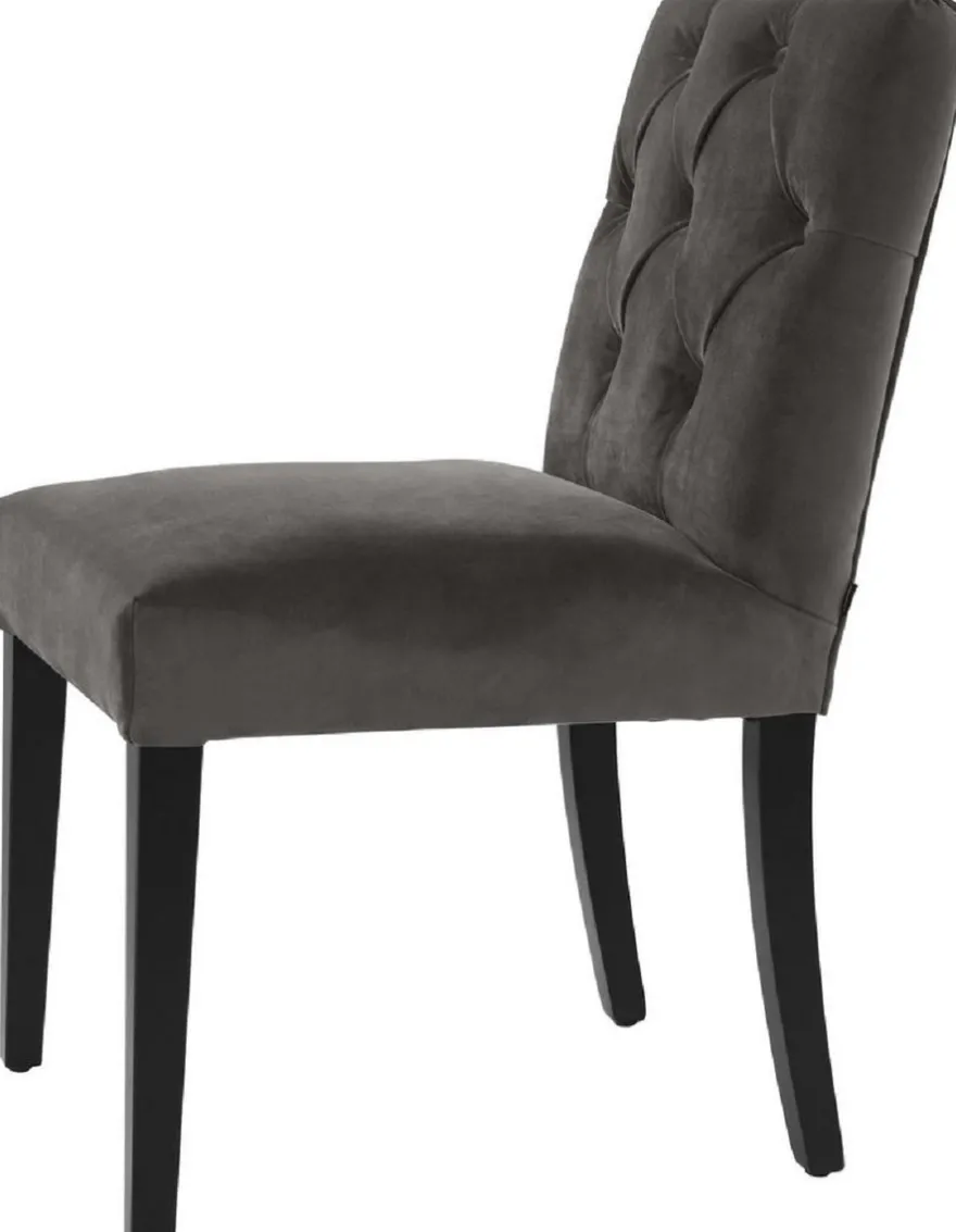 Casa Padrino Luxus Esszimmerstuhl Grau / Schwarz 51 x 64 x H. 90 cm - Chesterfield Küchenstuhl mit edlem Samtstoff - Luxus Esszimmer Möbel