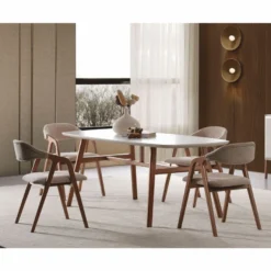 Casa Padrino Luxus Esszimmer Set Weiß / Braun / Grau - 1 Esstisch und 6 Esszimmer Stühle mit Armlehnen