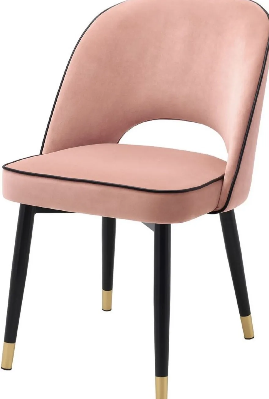 Casa Padrino Luxus Esszimmerstuhl Set Rosa / Schwarz / Messing 53 x 56 x H. 84 cm - Esszimmerstühle mit edlem Samtstoff - Esszimmer Möbel