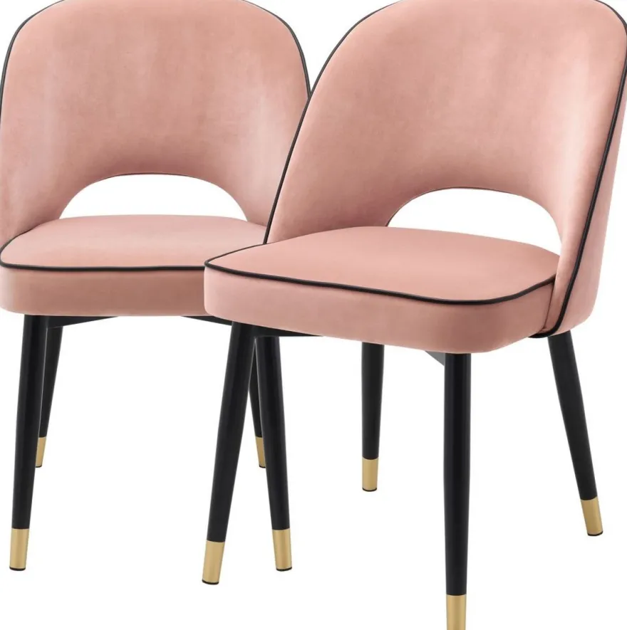Casa Padrino Luxus Esszimmerstuhl Set Rosa / Schwarz / Messing 53 x 56 x H. 84 cm - Esszimmerstühle mit edlem Samtstoff - Esszimmer Möbel