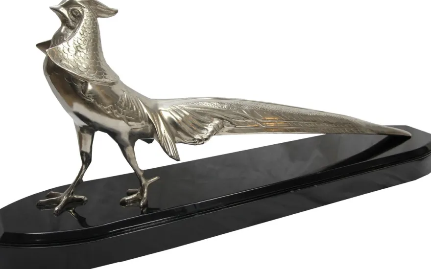 Casa Padrino Luxus Fasan Skulptur Bronze vernickelt auf Holzsockel - Figur Vogel - Edel & Prunkvoll
