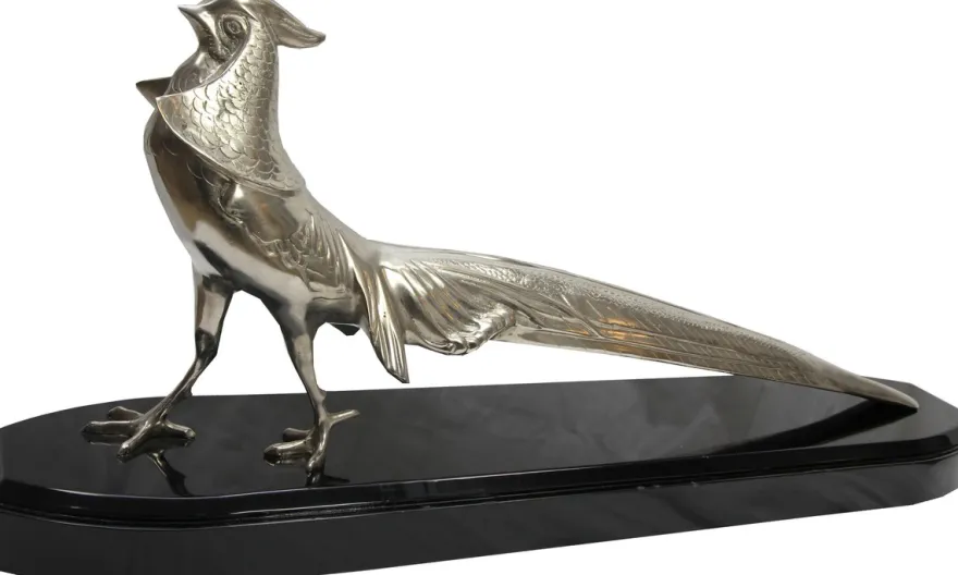 Casa Padrino Luxus Fasan Skulptur Bronze vernickelt auf Holzsockel - Figur Vogel - Edel & Prunkvoll