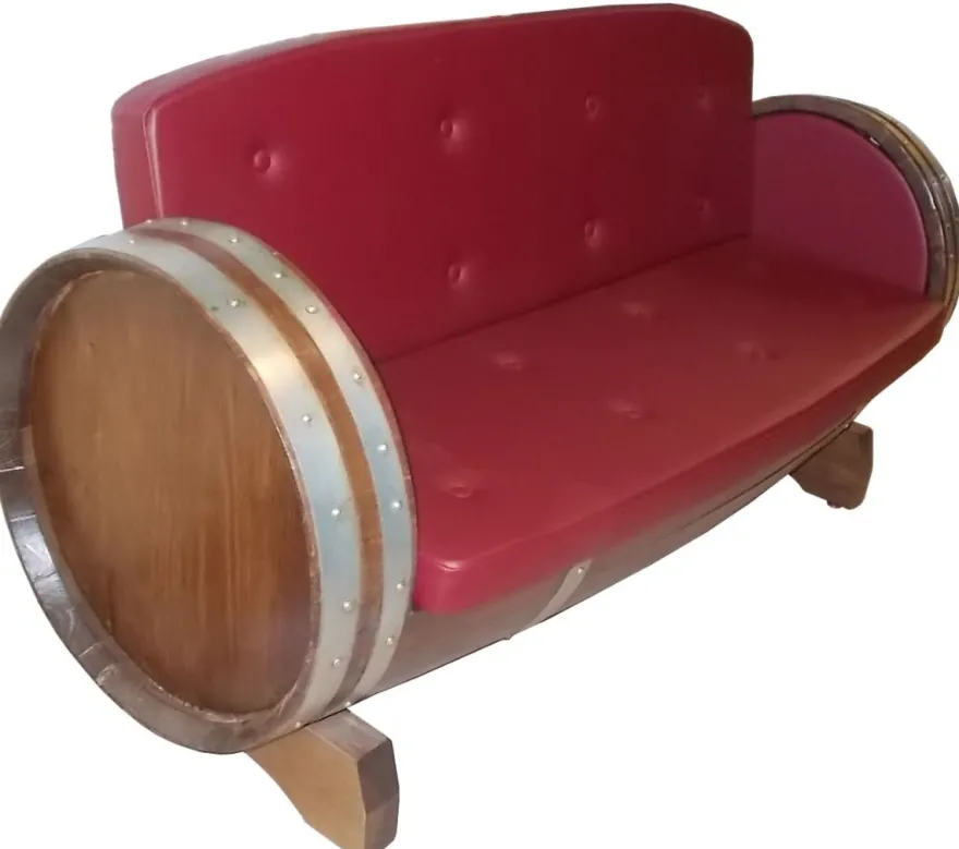 Casa Padrino Luxus Fass Sofa Rot / Braun / Silber 160 x 65 x H. 85 cm - Gepolstertes Massivholz Weinfass Sofa - Garten Terrassen Gastronomie Möbel