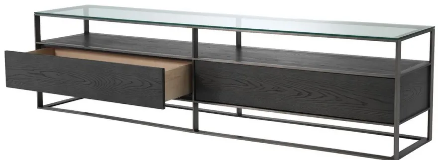 Casa Padrino Luxus Fernsehschrank Grau / Schwarz 220 x 46 x H. 56,5 cm - Sideboard mit Glasplatte und 2 Schubladen - Luxus Wohnzimmer Möbel