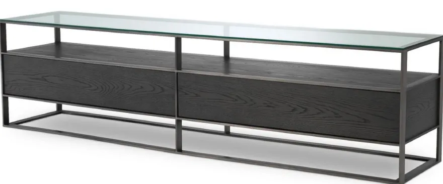 Casa Padrino Luxus Fernsehschrank Grau / Schwarz 220 x 46 x H. 56,5 cm - Sideboard mit Glasplatte und 2 Schubladen - Luxus Wohnzimmer Möbel
