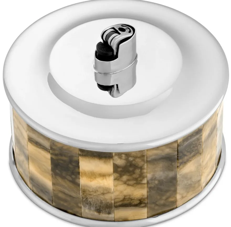 Casa Padrino Luxus Feuerzeughalter Silber / Braun Ø 13 x H. 10 cm - Runder dekorativer Feuerzeughalter - Deko Accessoires - Luxus Qualität