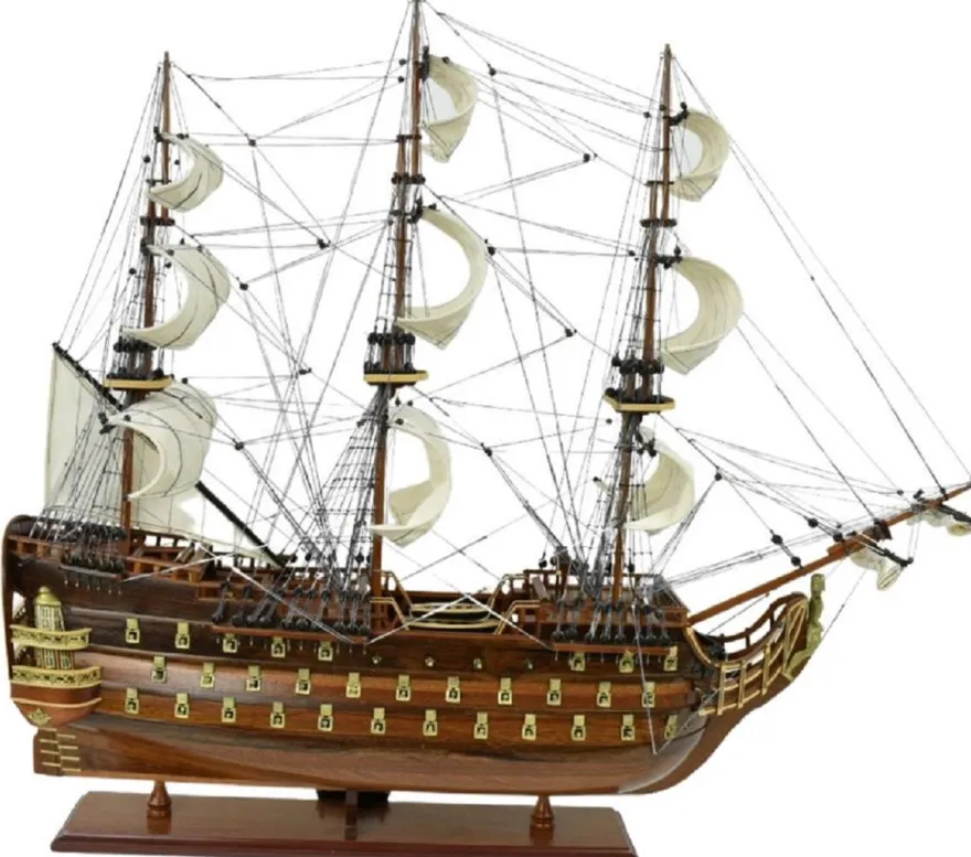 Casa Padrino Luxus Flaggschiff Royal Louis Braun 94 x 25 x H. 84 cm - Handgefertigtes Deko Schiff - Holzschiff - Segelschiff - Kriegsschiff - Modellschiff - Wohnzimmer Deko - Deko Accessoires