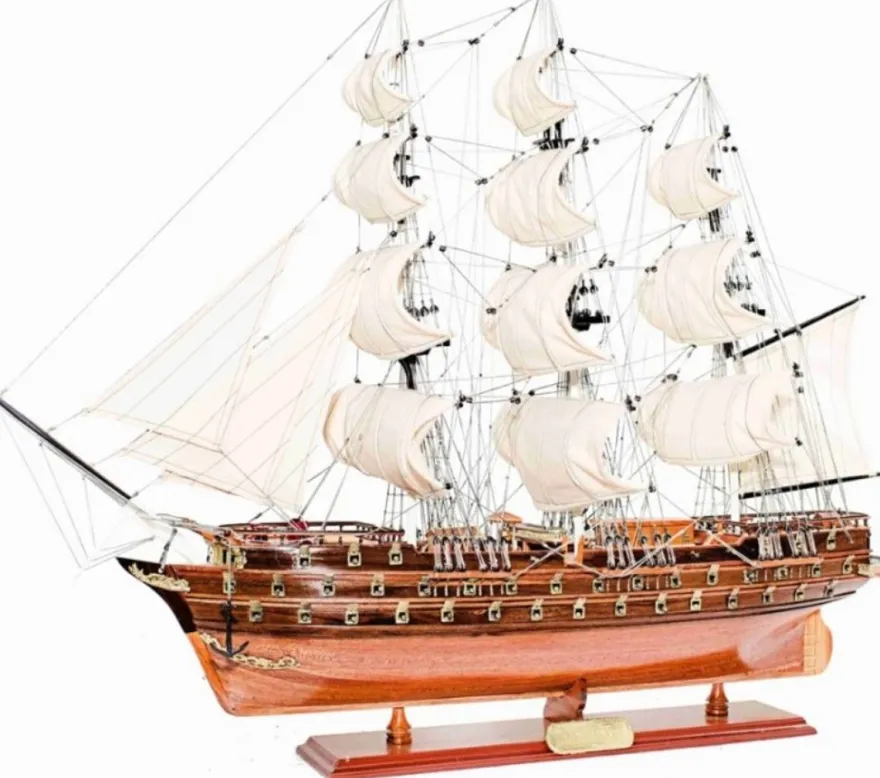 Casa Padrino Luxus Flaggschiff Napoleon mit Massivholz Ständer Braun 104 x 20 x H. 76 cm - Handgefertigt Deko Schiff Holzschiff Segelschiff Kriegsschiff Modellboot Modellschiff