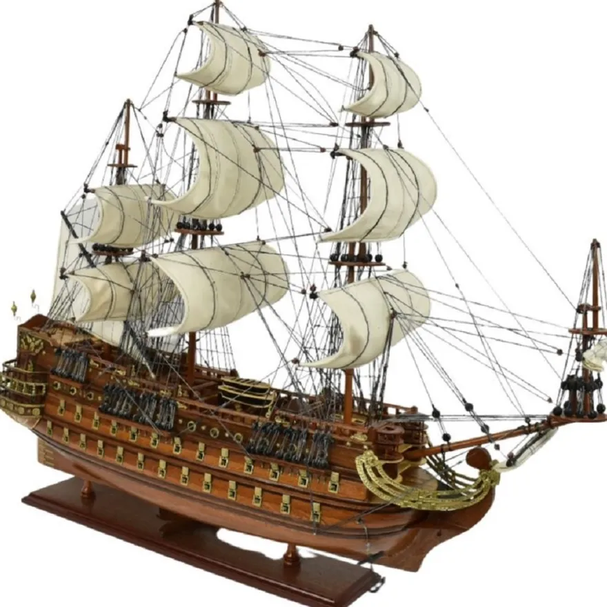 Casa Padrino Luxus Flaggschiff San Felipe Dunkelbraun / Braun / Messing 95 x 29 x H. 90 cm - Handgefertigtes Spanisches Deko Schiff - Holzschiff - Segelschiff - Kriegsschiff - Deko Accessoires