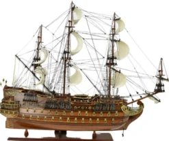 Casa Padrino Luxus Flaggschiff San Felipe Dunkelbraun / Braun / Messing 95 x 29 x H. 90 cm - Handgefertigtes Spanisches Deko Schiff - Holzschiff - Segelschiff - Kriegsschiff - Deko Accessoires