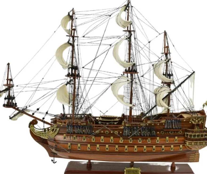 Casa Padrino Luxus Flaggschiff San Felipe Dunkelbraun / Braun / Messing 95 x 29 x H. 90 cm - Handgefertigtes Spanisches Deko Schiff - Holzschiff - Segelschiff - Kriegsschiff - Deko Accessoires