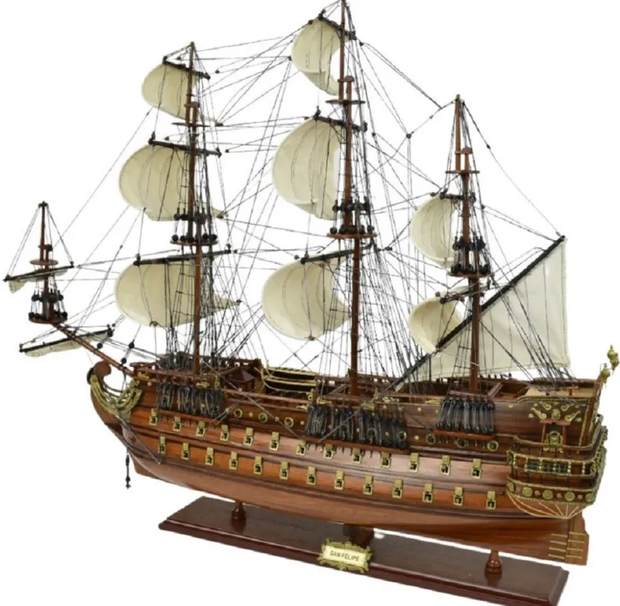 Casa Padrino Luxus Flaggschiff San Felipe Dunkelbraun / Braun / Messing 95 x 29 x H. 90 cm - Handgefertigtes Spanisches Deko Schiff - Holzschiff - Segelschiff - Kriegsschiff - Deko Accessoires