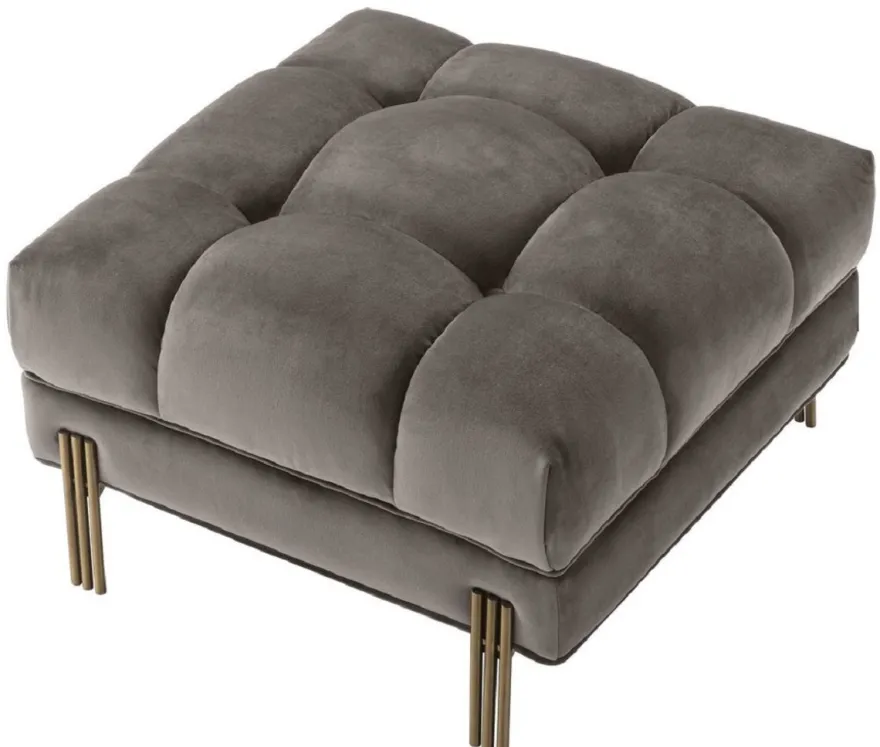 Casa Padrino Luxus Fußhocker Grau / Messingfarben 59 x 59 x H. 43 cm - Samt Hocker mit Edelstahl Beinen - Wohnzimmer Möbel