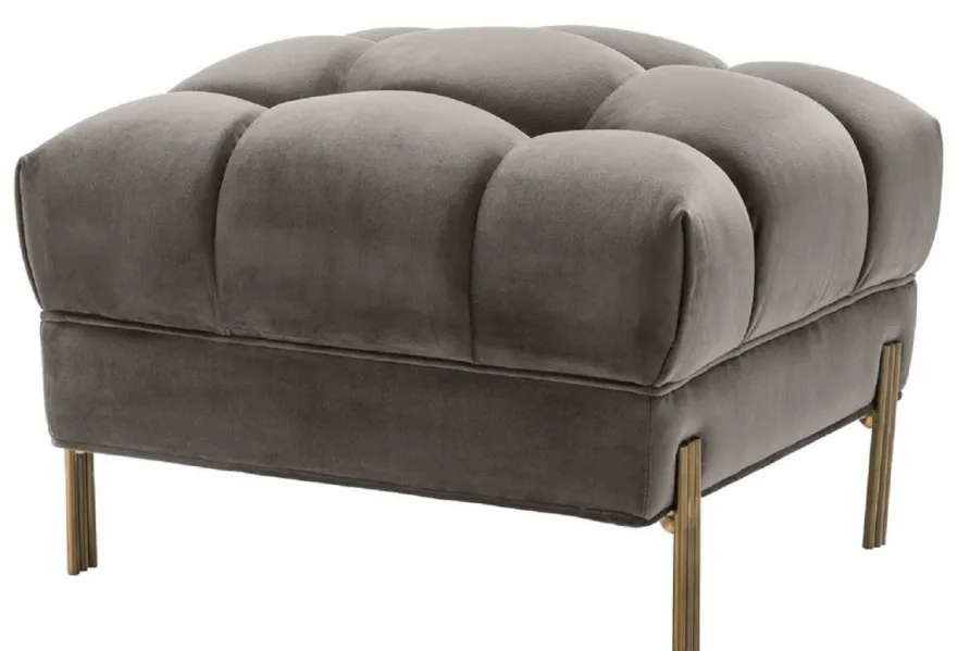 Casa Padrino Luxus Fußhocker Grau / Messingfarben 59 x 59 x H. 43 cm - Samt Hocker mit Edelstahl Beinen - Wohnzimmer Möbel