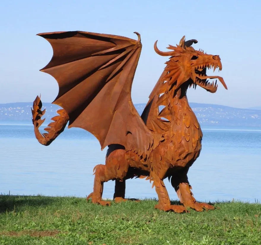 Casa Padrino Luxus Gartendeko Skulptur Drache Rostfarben 290 x 180 x H. 235 cm - Riesige Stahl Deko Figur - Gartenfigur - Hotel Garten Deko