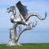 Casa Padrino Luxus Gartendeko Skulptur Drache Silber 290 x 235 x H. 295 cm - Riesige Edelstahl Deko Figur - Gartenfigur - Hotel Garten Deko