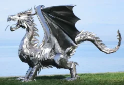 Casa Padrino Luxus Gartendeko Skulptur Drache Silber 290 x 180 x H. 235 cm - Riesige Edelstahl Deko Figur - Gartenfigur - Hotel Garten Deko