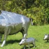 Casa Padrino Luxus Gartendeko Skulpturen Wildschwein mit 3 Frischlingen Silber - Edelstahl Gartendeko Figuren - Wetterbeständige Gartenfiguren