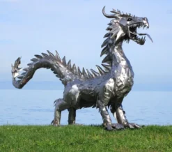 Casa Padrino Luxus Gartendeko Skulptur Drache Silber 290 x 75 x H. 177 cm - Riesige Edelstahl Deko Figur - Gartenfigur - Hotel Garten Deko