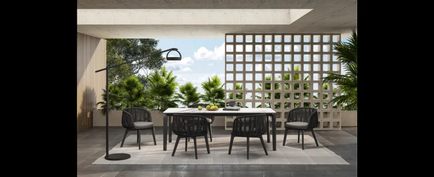 Casa Padrino Luxus Garten Essgruppe Sandfarben / Schwarz 7-teilig 100 x H. 76 cm - Wetterfest und hochwertig verarbeitet - Moderne Garten Möbel - Luxus Qualität