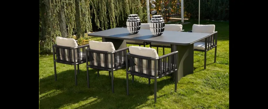 Casa Padrino Luxus Garten Essgruppe Beige / Schwarz 7-teilig 100 x H. 76 cm - Wetterfest und hochwertig verarbeitet - Moderne Garten Möbel - Luxus Qualität