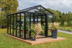 Casa Padrino Luxus Gartenhaus Schwarz 400 x 300 x H. 276,2 cm - Massivholz Garten Haus mit Glasfenstern und Glastüren - Gewächshaus - Luxus Gartenhäuser - Luxus Gewächshäuser