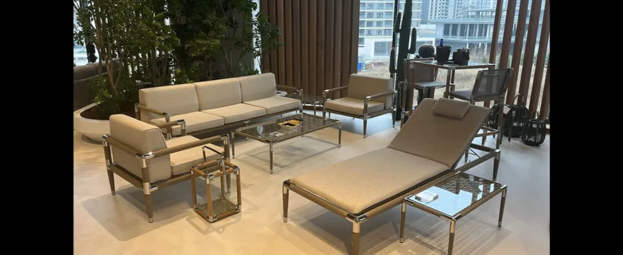 Casa Padrino Luxus Garten Lounge Set Beige 5-teilig 221.5 x 80 x H. 76 cm - Wetterfest und hochwertig verarbeitet - Moderne Garten Möbel - Luxus Qualität