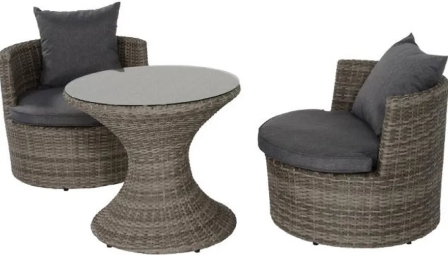 Casa Padrino Luxus Gartenmöbel Set Dunkelgrau / Grau - 1 Runder Gartentisch mit Glasplatte & 2 runde Gartensessel mit Kissen - Moderne Garten & Terrassen Möbel