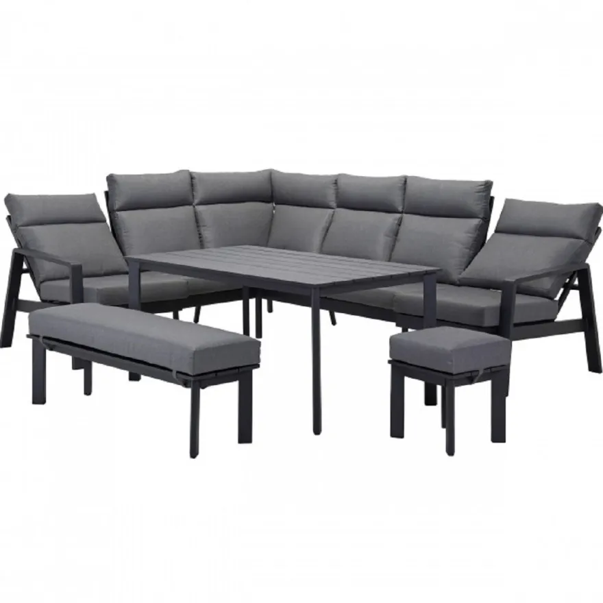 Casa Padrino Luxus Garten Möbel Set Grau - 1 Tisch & 1 Ecksofa & 1 Sitzbank & 1 Hocker