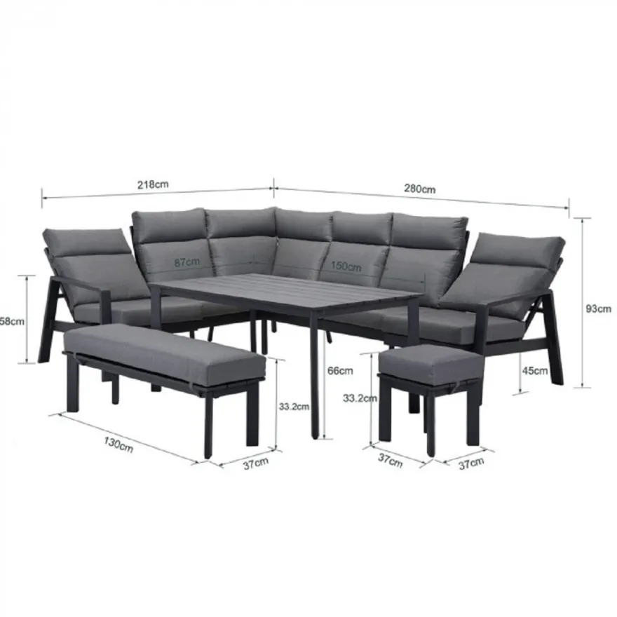 Casa Padrino Luxus Garten Möbel Set Grau - 1 Tisch & 1 Ecksofa & 1 Sitzbank & 1 Hocker