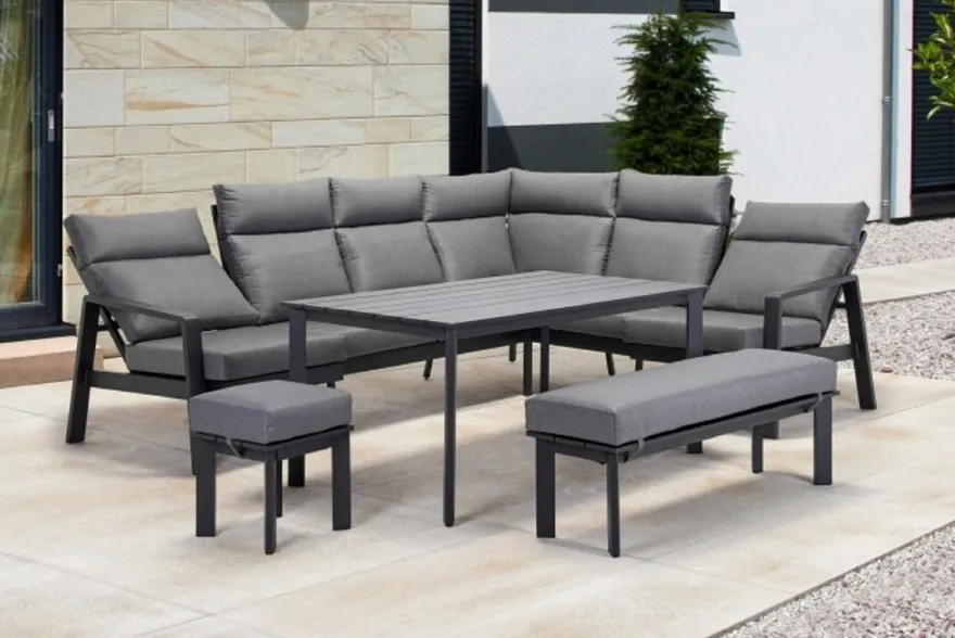 Casa Padrino Luxus Garten Möbel Set Grau - 1 Tisch & 1 Ecksofa & 1 Sitzbank & 1 Hocker